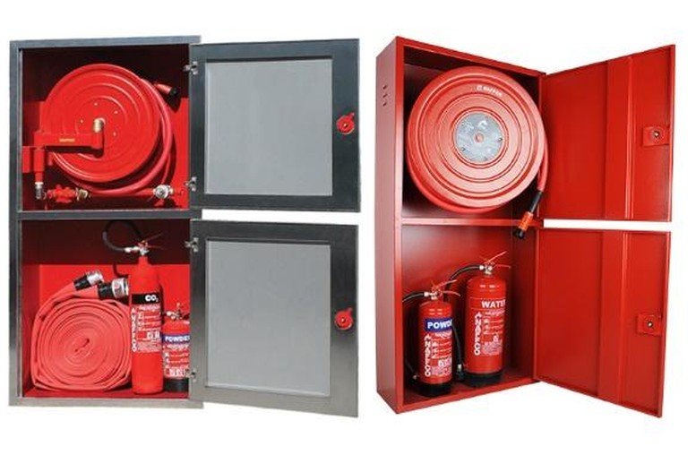 STARCO fire hose reel cabinets, single and double type, with hose reel, hose and extinguishers